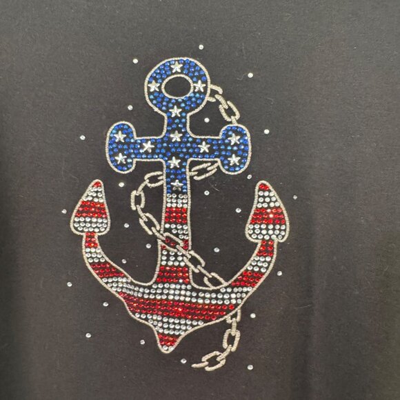 Quacker Factory 3X Rhinestone Anchor Black 3/4 Sleeve Shirt - Picture 2 of 6